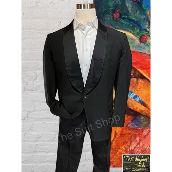 Vtg First Nighter Mens Tuxedo 44L 36x32 Black Tux Suit Adjustable Waist - Picture 1 of 16